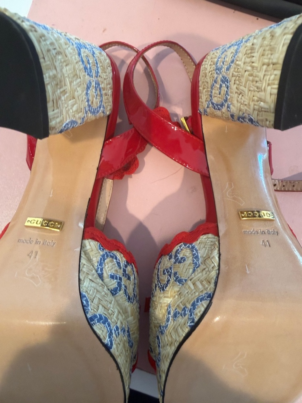 Gucci Red Patent & Woven Platform Slingback Heels - Picture 6 of 7
